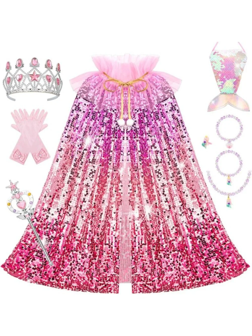 Mermaid Princess Dress Up Cape with Crown Costume Set for Girls Ages 3-8- Red